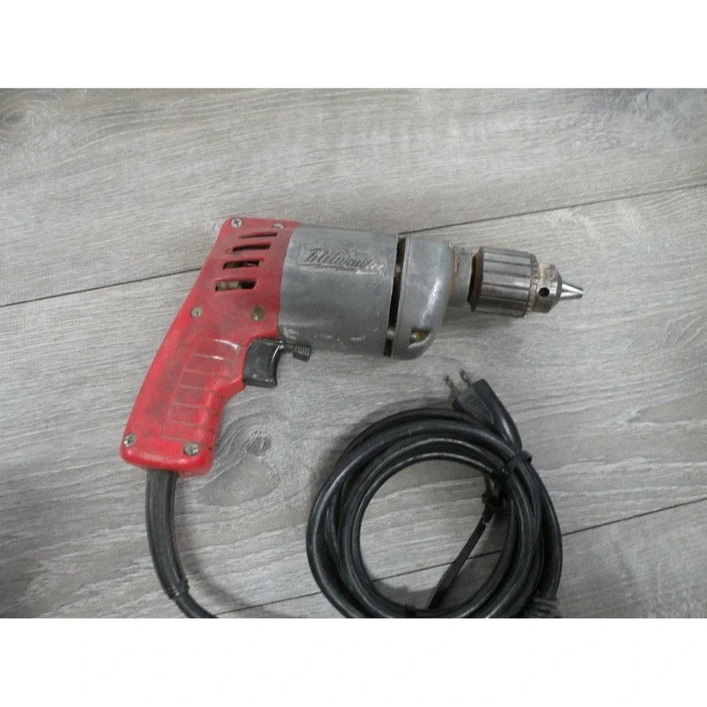 Vintage Milwaukee Corded Electric Drill with Chuck Key Red Silver Pistol Grip